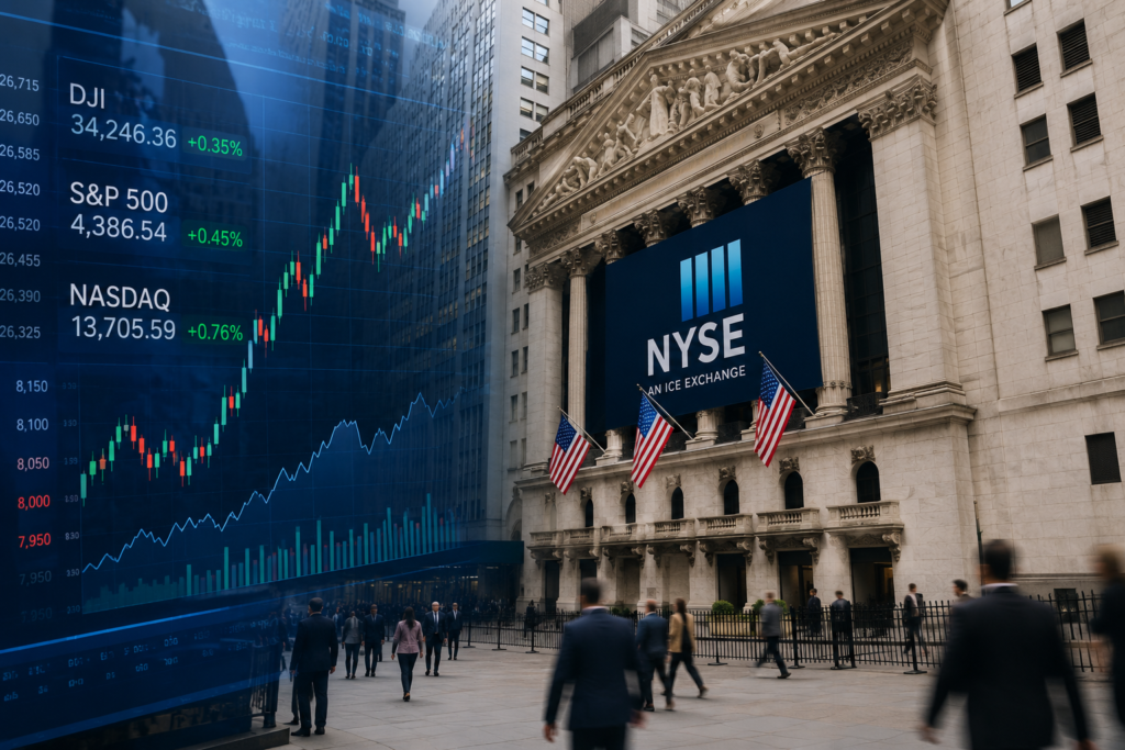 Exterior of the New York Stock Exchange with stock market charts representing the U.S. financial markets.