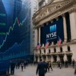 Exterior of the New York Stock Exchange with stock market charts representing the U.S. financial markets.
