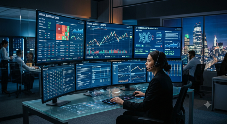 Stock market dashboard showing AI-driven financial analysis and global investing trends.