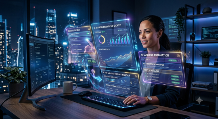 Person using AI tools on a digital interface representing business growth and automation.